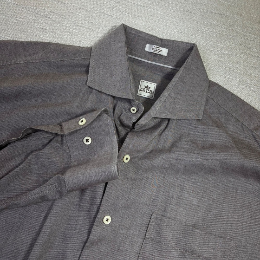 Peter Millar Mens Large Grey Brown Soft Cotton Long Sleeve Button Down Shirt